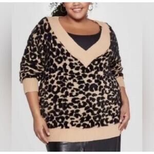 AVA AND VIV Animal Print Fuzzy V Neck Sweater | Size X